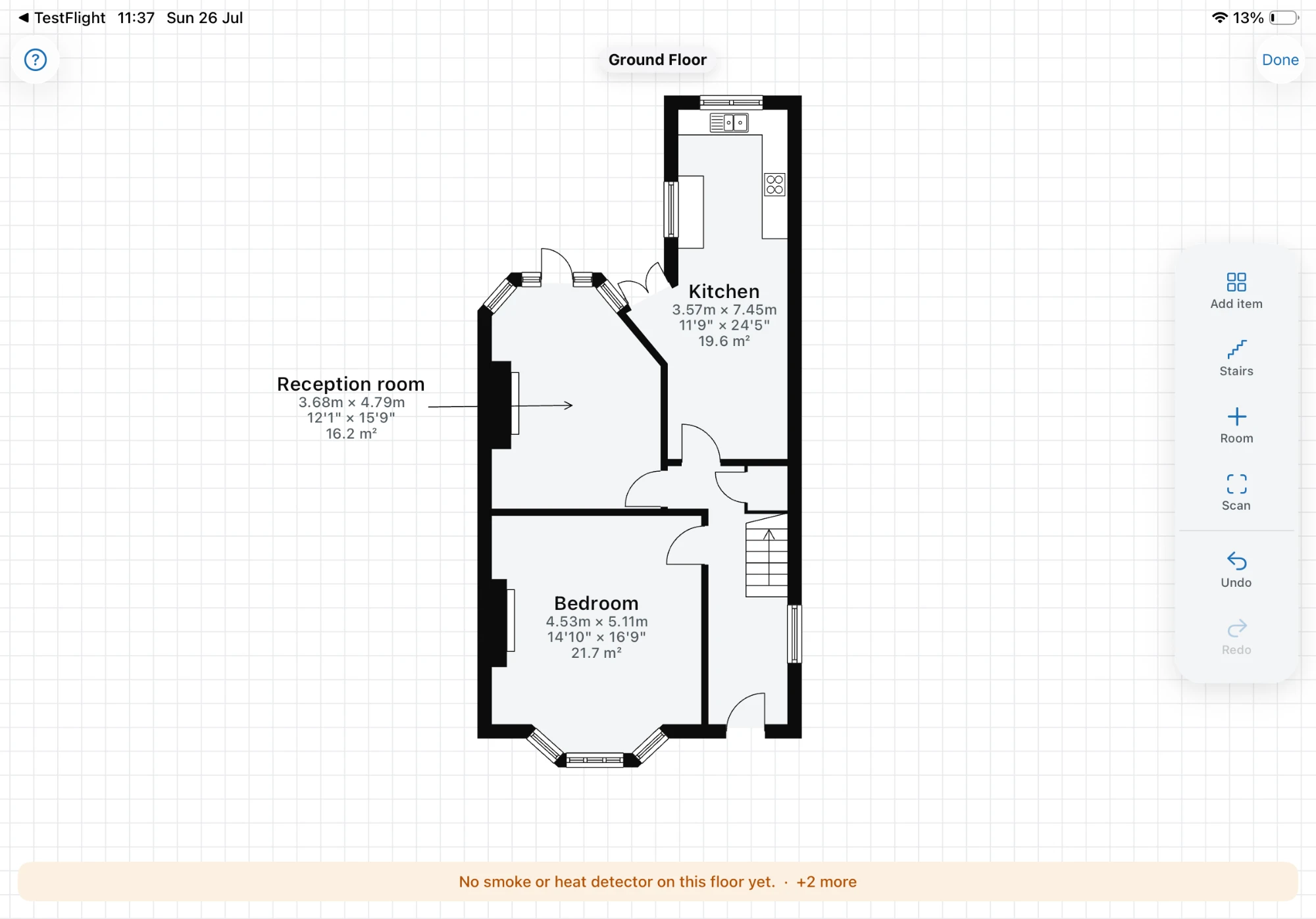 Lintel floorplan editor on iPad — a measured ground-floor plan with kitchen fixtures, stairs, bay windows and room areas